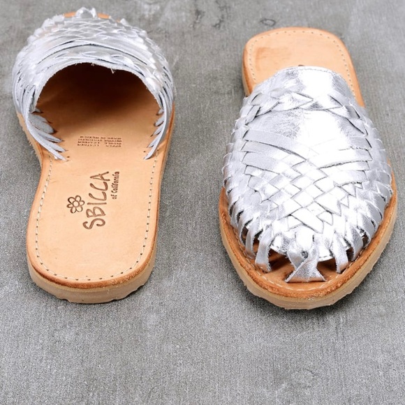 Sbicca Shoes - Sbicca Baines Silver Leather Huarache Slides, Round Toe, Top-Stitched Accents, 8